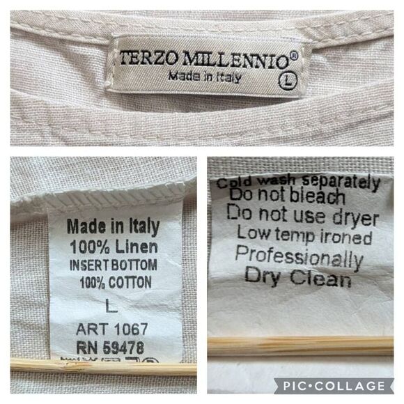 Terzo Millennio Women Top Boho Cap Sleeve Eyelet Trim Beige Size L Linen Italy - Picture 7 of 7